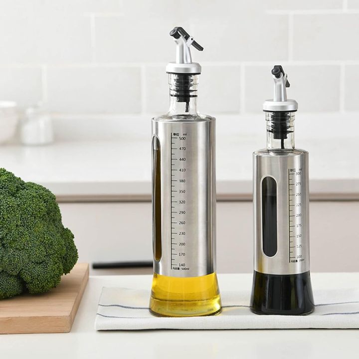 Stainless Steel Leakproof Kitchen Glass Olive Oil Dispenser Bottle - Vinegar, Oil, Liquid Container for Cooking
