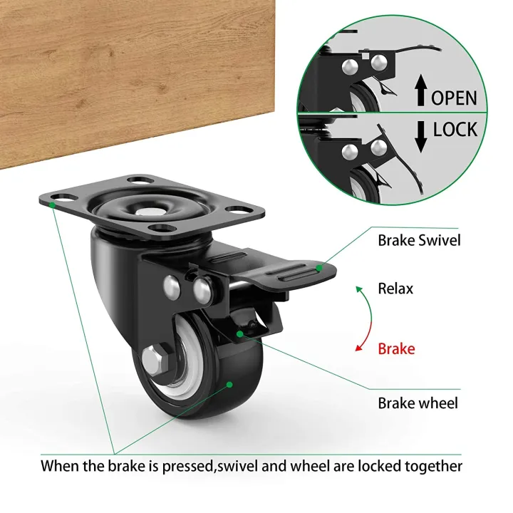 2.5%20inch%20Swivel%20Caster%20Wheels,Rubber%20Base%20with%20Brake%20&%20Top%20Plate%20&%20Bearing%20Heavy%20Duty,%20Total%20Capacity%20600lbs%20(Pack%20of%204)%20-%20Image%203