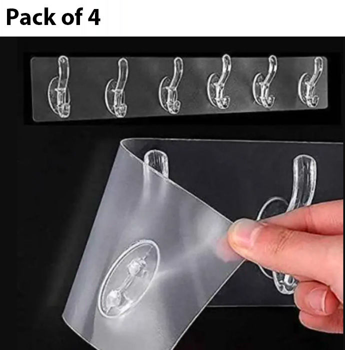 Muntazir 6 in 1 Seamless Heavy Duty Strong Sticky Hooks Strip for Wall Hanging Multipurpose Double Sided Self Adhesive Transparent and Waterproof Wall Sticking Hanger for Bathroom and Kitchen