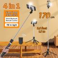 4 in 1 (1.7M) 170cm 5.5 Feet Wireless Selfie Stick Foldable Mini Tripod Stand R1S Large Tripod (WITH LED LIGHT) | R1 Large (Without Light) Selfie Light Mobile Holder With Fill Light Shutter Remote Control For IOS Android | For Tiktok Vlogging Photography. 