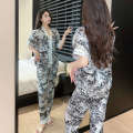 Multiple spring and summer ice silk Korean version short sleeved pants printed fat MM plus size women's sleepwear home suit set. 