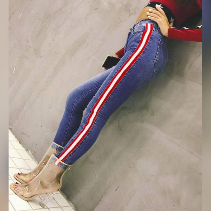 Denim Blue Stretchable Skinny Two Tone Striped Jeans