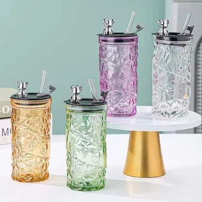 Bear Glass Cup with Lid & Straw