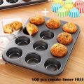 12 Holes Cupcake Baking Tray Non Stick Cake Baking Pan Round Shape Tool Cake Mold. 