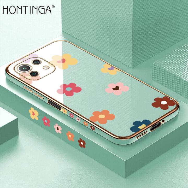 Hontinga for Xiaomi 11 Lite 5G Back Cover（Free Lanyard）Luxury 6D Plating Falling Flower Side Pattern Case Soft Silicone Square Mobile Cover