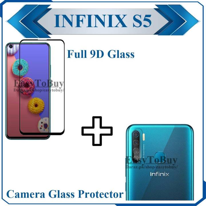Infinix S5 Full Black 9D5D6D10D11D21D Tempered Glass Edge to Edge Full Glue Screen Protector + Camera Flexible Gorilla Glass Protector For Infinix S5