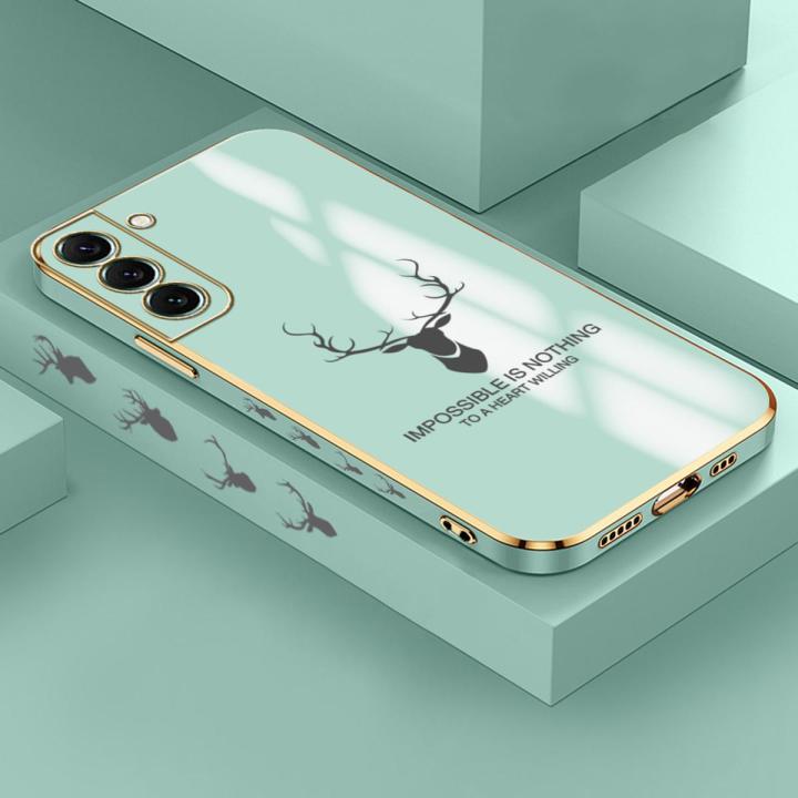 Samsung S22 Plus 5G Cartoon ELK Deer Reindeer Square Edge Pattern Casing Plated Phone Shell Luxury Plating Soft Phone Case