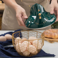Large Stainless Steel Mesh Wire Egg Storage Basket with Ceramic Farm Chicken Top and Handles. 