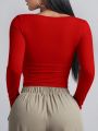 SQUARE NECKLINE LONG SLEEVE RUCHED SIDE CROP TEE. 