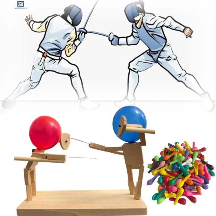 Childrenworld Engaging Wooden Fighter Game Fast-paced Bamboo Battle Balloon Game with Wooden Fencing Puppets Thrilling Balloon Fight Fun Toy Balloon Bamboo Battle Game
