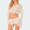 bellylady Women Knit Crop Tops Long Sleeve Hollow Out Pullover Tops Off Shoulder Y2K Beachwear Poncho Sweater. 