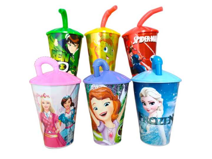 Kids Juice Glass with Straw - Reusable water glass for kids - Pipe glass with cover - Cartoon characters glass for school, Picnic, party, traveling & Gift