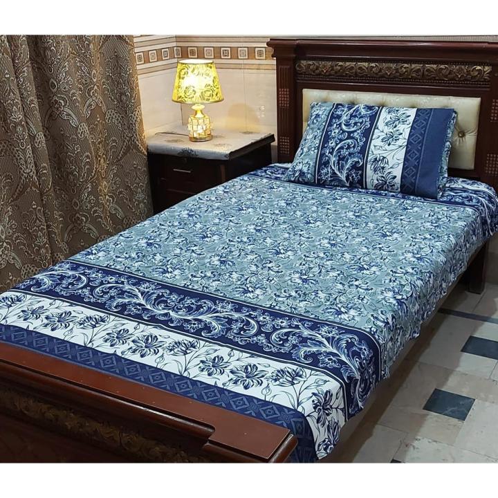 Bed Sheet Cotton Single Bed Sheet Set-2Pcs in Blue and White Color.