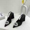 High Triangle Heel Sandals for Women Green Rhinestone Mules Wedding Toe Shoes. 