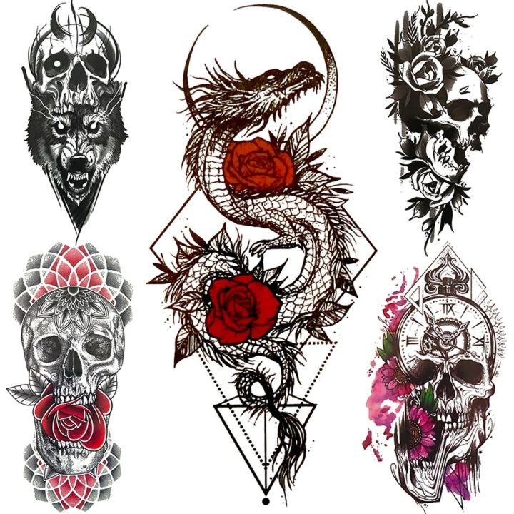 【Good-Love Store】Skeleton Fake Temporary Tattoo For Women Death skull Dragon Tattoos Geometric Creative Waterproof Tatoos Chest Waist