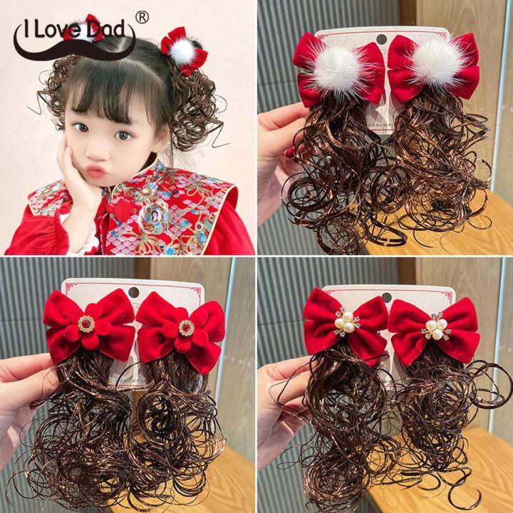 1Pair Cute Bow Wigs Baby Hair Pins Sweet Pearl Flower Pompom