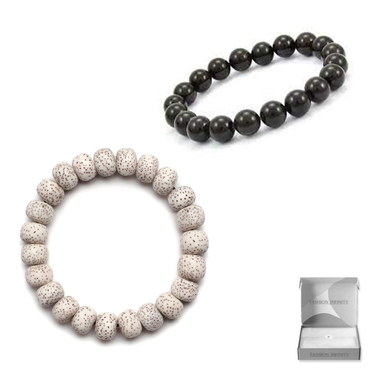 Pack of 2 Pcs Set - White Dotted Beads and Black Bead Hand Bracelet For Girls and Women
