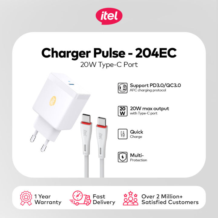 itel ICW-204EC Wall Charger, Type-C 20W Fast Charging Adapter, 2.4A Output, Equipped with Wide Compatibility and Multi-Protection Safety, Comes with 1 Meter Type-C Cable for Daily Use
