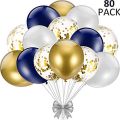Happy Birthday Decorations Theme Blue Gold & White-Including Happy Birthday Blue Banner, 3 Confetti Balloons, 30 Latex Balloons Blue, Gold White, with Fairy Light. 