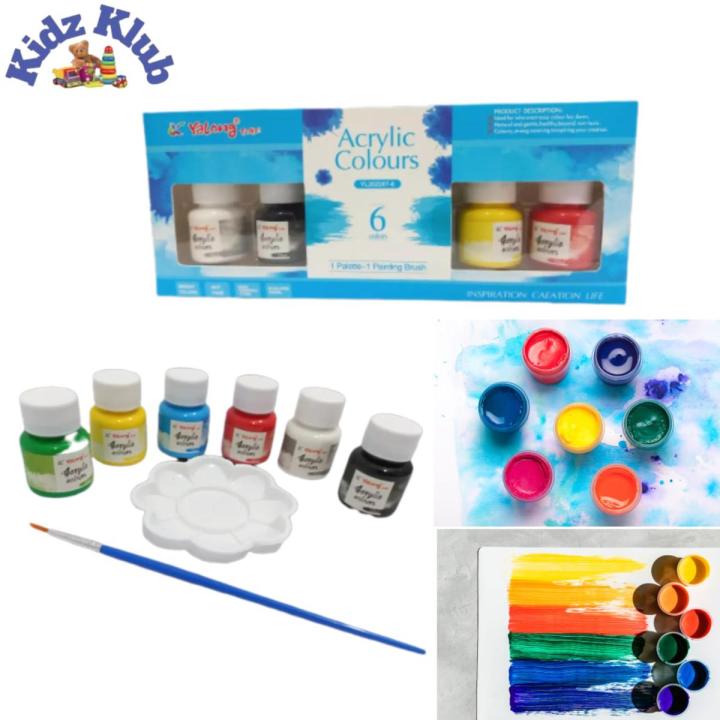 Yalong Acrylic Colors 6 Basic Colors in Bottle 25 ml with 1 Palette, 1 Painting Brush | 3 in 1 | KidzKlub