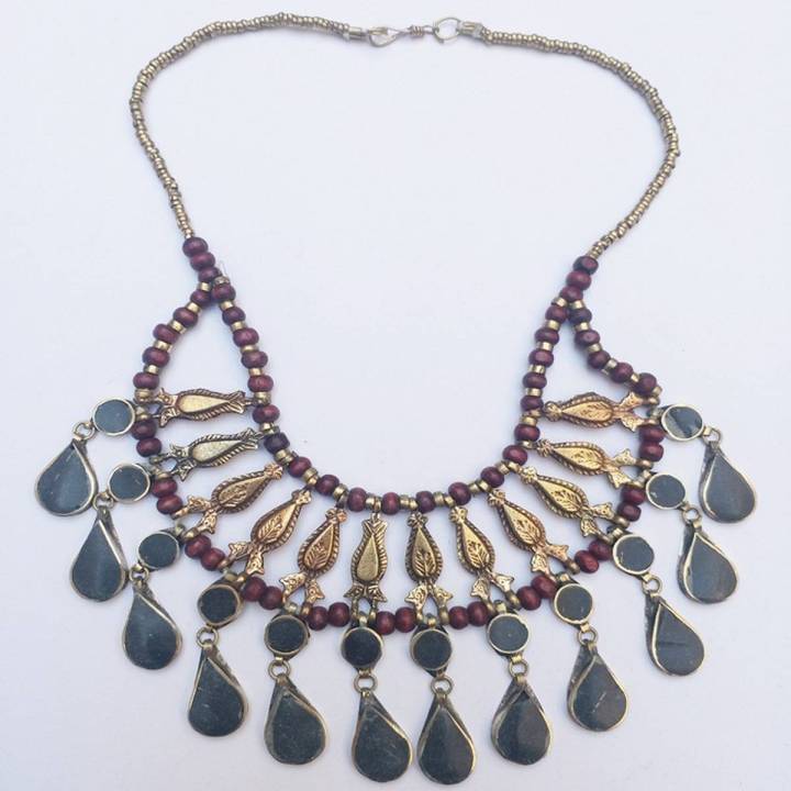 Traditional Bohemina Fish Tribal Necklace Decorated with metal spring and brown pearls-639