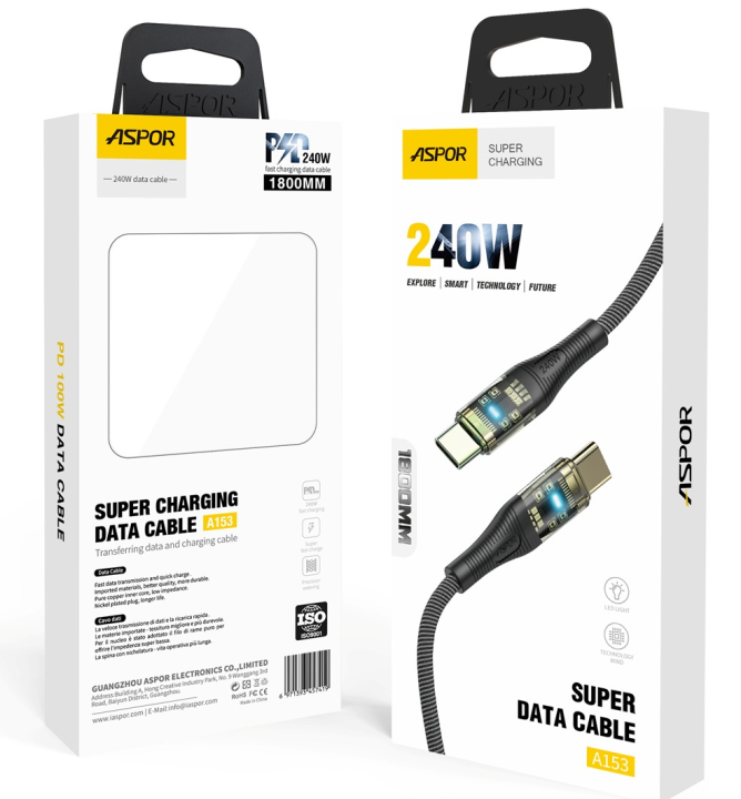 Aspor A153 240W LED Light Type-C to Type-C PD Fast Charging Cable Best for charging and data transfer cable – 1.8M | C to C Cable | 240W Cable | iphone Cable | Best for fast charging cable | Supported iPhone, Oppo, OnePlus, Samsung, apple, Huawei, others