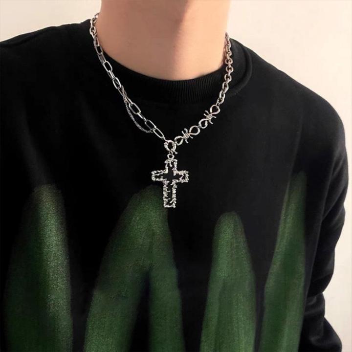 Gothic Cuban Chain Cross Pendant Necklace for Women Men Vintage Unisex Grunge Chain Necklace Fashion Jewelry Accessories