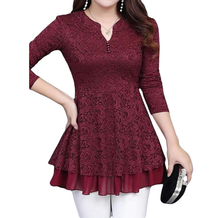 0022 Net Fabric Top Maroon Lace Dress Fit & Flare | Daraz.pk