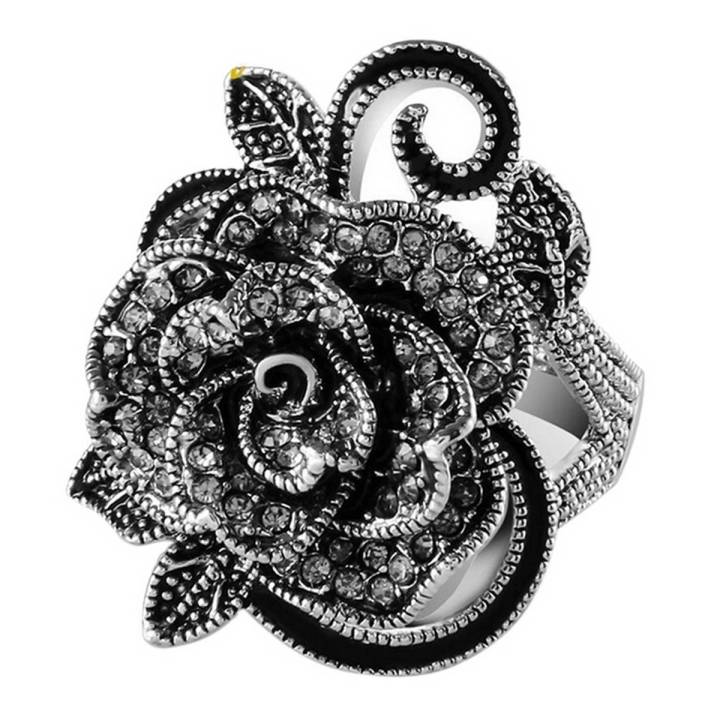 Women Retro Rose Flower Ring Black Crystal Vantige Big Flower