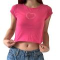 Women's Crop Tops, Round Neck Cap Sleeve Love-Heart Rhinestone Casual T-shirts, Pink. 