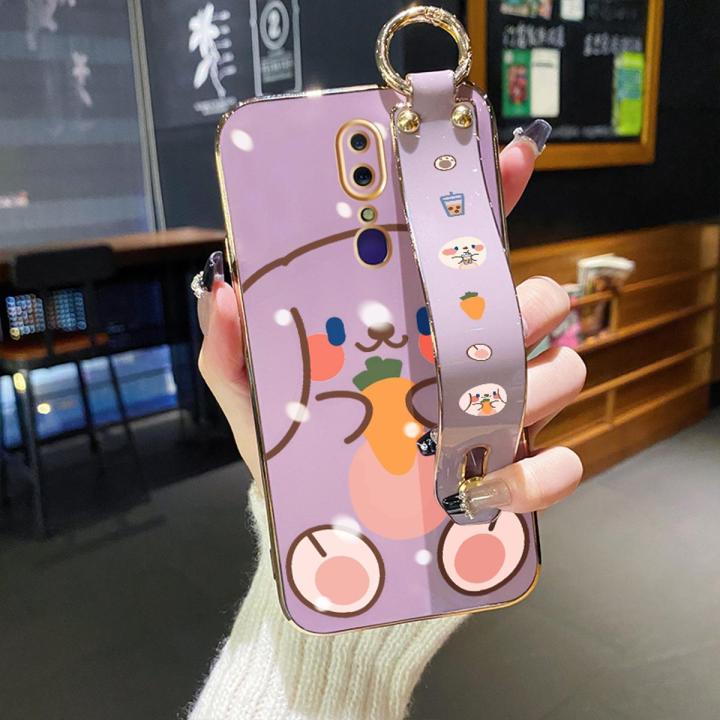 chenyyka For OPPO F11 Pro Case With Wristband New Design Square Edge Phone Case Cute Line Rabbit Pattern Shockproof Plating Silicone Casing Full Cover SoftCase Protection Cases Girl Women