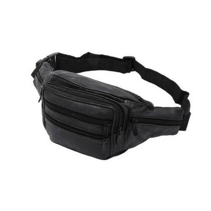 Men Leather Waist Bag Travel Pocket - Black