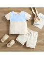 Baby Boys Summer Outfits Contrast Color Short Sleeve Crew Neck T-shirt Tops and Elastic Casual Shorts Set. 