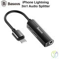 BASEUS L52 - MULTI FUNCTIONAL 3 IN 1 iPhone8 Pin Male to 3.5mm Female + 2 x iPhone8 Pin Female Charging Call Listening Song Audio Headphone Adapter - BLACK. 