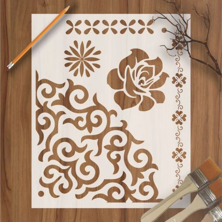 Rose Flower with borders and Corner Reusable Stencil Airbrush Painting ...