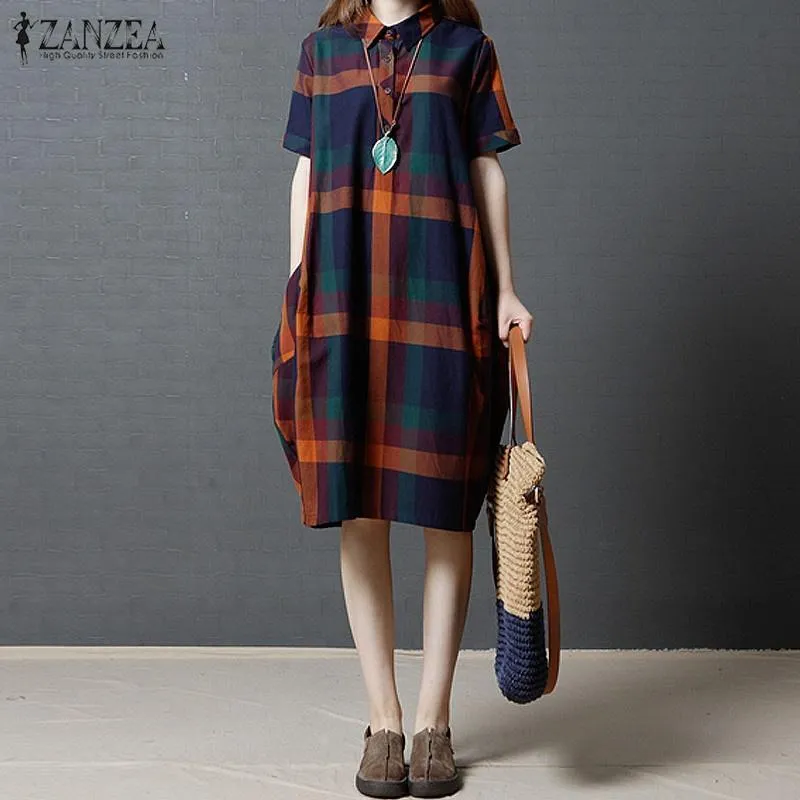 ZANZEA Women Fashion Casual Cotton Linen Long Shirt Dress Summer New Retro Plaid Check Lapel Collar Loose Mide Sundress Orange Daraz.pk