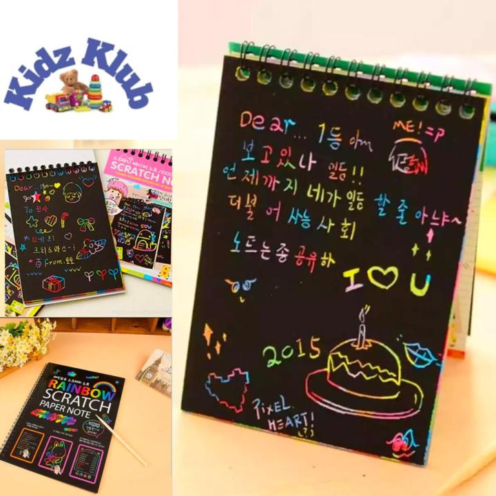 Scratch note pad,Scratch Pad for kids ,Scratch Note Black Cardboard Creative, Rainbow Scratch Note Pad Scratch book with wooden Stick, Small scretch note pad scratch book with wooden stick notepad - Kidzklub
