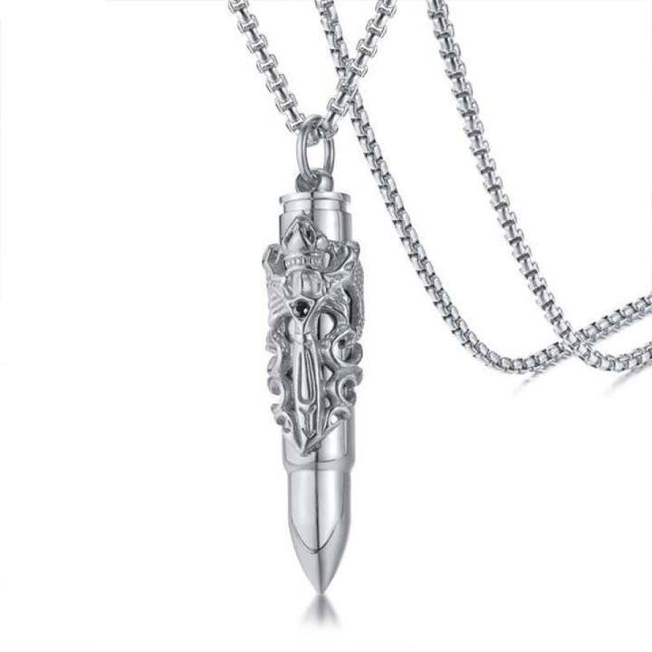 Men Stainless Steel Gothic Bullet Shape Urn Pendant Necklace Memorial Ash Keepsake Cremation Jewellery with 24 inch