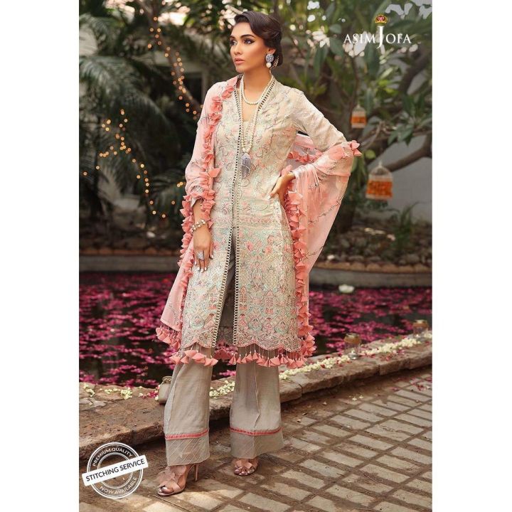 "ASIM JOFA Signature Embroidered Collection Multi Cotton Net  3PC -Unstitched Suit for Women"