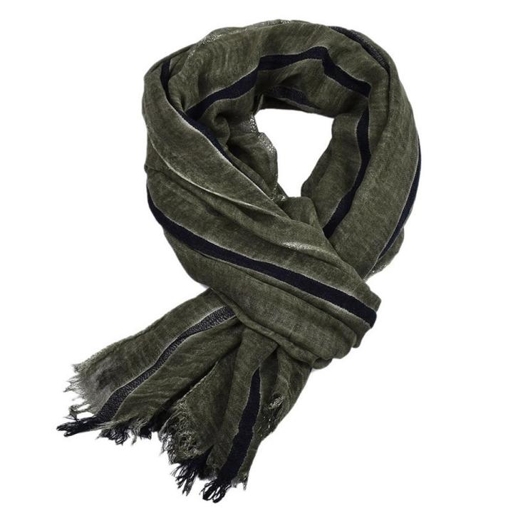 Lurex Stripe Men Scarf Fringe Cotton Linen Scarf Men Winter Outdoor Warm Long Shawl Soft Muffler Vintage Literary Style 90x195cm