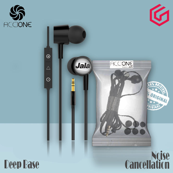AcciOne By Jala Wired Earphones / Handfree with Mic - Noise Cancellation Active Mic  - Original AcciOne Handsfree / Hand free / Hands free - Deep Bass - Anit-break Joints - Black