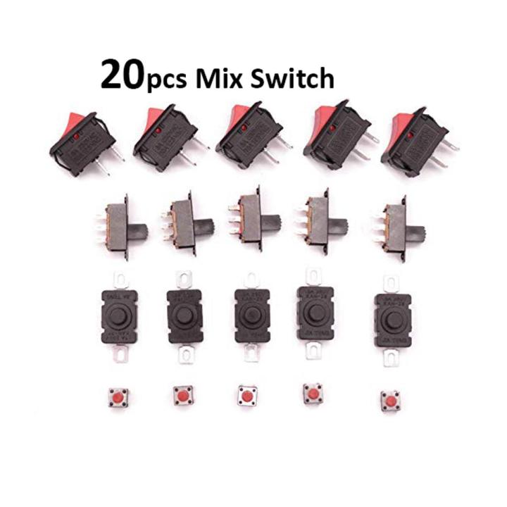 20pcs-DC Electric Switches Button Pack for DIYs, DC Motor, Lights, Projects Etc (Micro Switch, Rocker Button, Push Button, Dp Button)