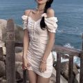 Ladies Mini Skirt, Girls Summer Temperament Solid Color Puff Sleeve Drawstring Ruched Short Dress. 