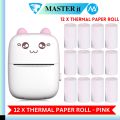 Pocket Inkless Mini Printer - 12 x Sticky Paper Roll & 12 x Thermal Paper Roll - Thermal Portable Bluetooth Wireless Mini Printer For Kids - For Photo, Picture, Office Receipt, Label Note, QR Code - Compatible With IOS & Android - Pink & Blue. 