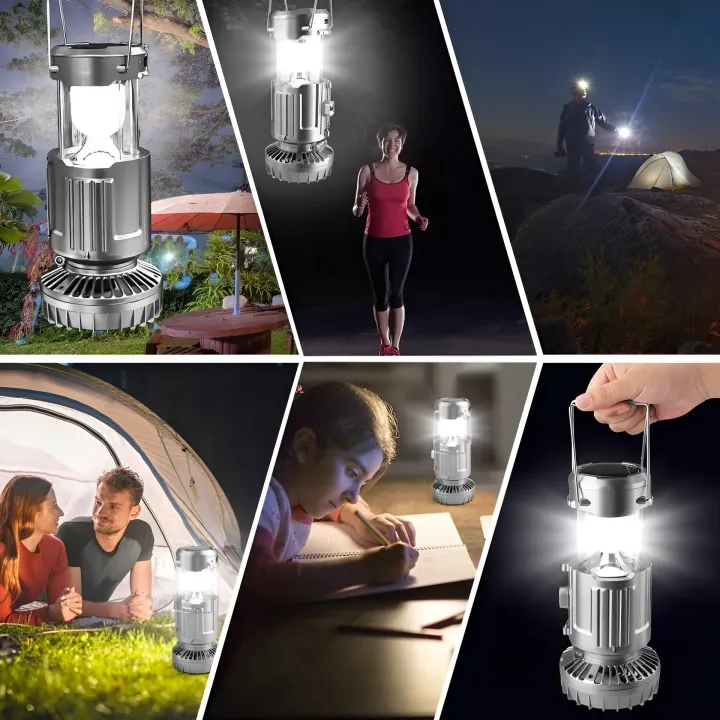 6 in 1 Solar Light Lantern Powered Light & Fan - Versatile Portable Collapsible Rechargeable Camping Lamp with Built-in Fan - Solar Outdoor Wall Lights - Home Decorative Lamp Lights - Perfect for Camping - Energy Saving Tent Lamp Flashlight