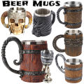 Stainless Steel Mug Viking Style Wooden Barrel Cup Vintage Coffee Mugs Double Wall Drinking Cups Kitchen Supplies. 