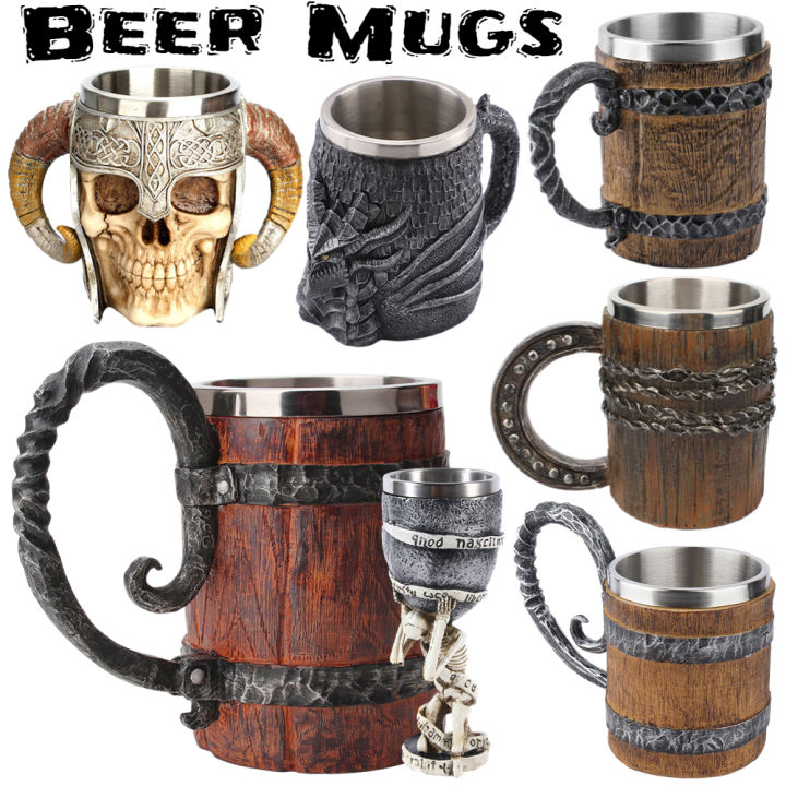 Stainless Steel Mug Viking Style Wooden Barrel Cup Vintage Coffee Mugs Double Wall Drinking Cups Kitchen Supplies