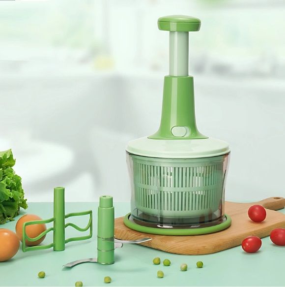 Techmanistan Multifunctional Hand Press Food Chopper with Salad Spinner Basket & Egg Mixer Tool, Hand Press Meat Mincer Vegetables Grinder Push Type Vegetable Chopper Press Down Chopper Handheld Food Press Mincer