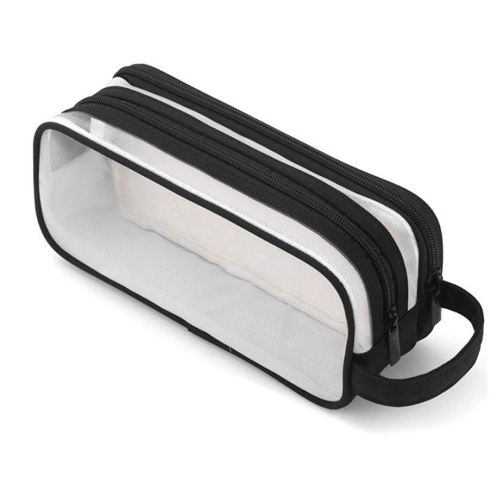 1 Piece 2 Compartment Pen Bags Clear Handheld Multifunction Pencil Pouch For Teen Students Black