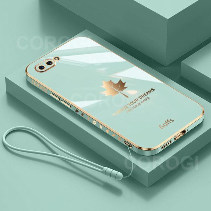 For OPPO A3s Back Cover with Lanyard Luxury Shiny Plating Maple Leaf Camera Lens Protection Square Edge Bumper Soft Silicone Protective Phone Case